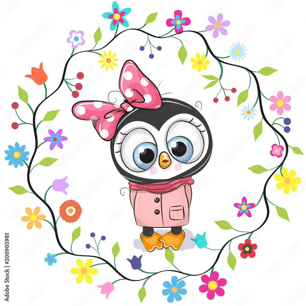 Cute Penguin girl in a flowers frame