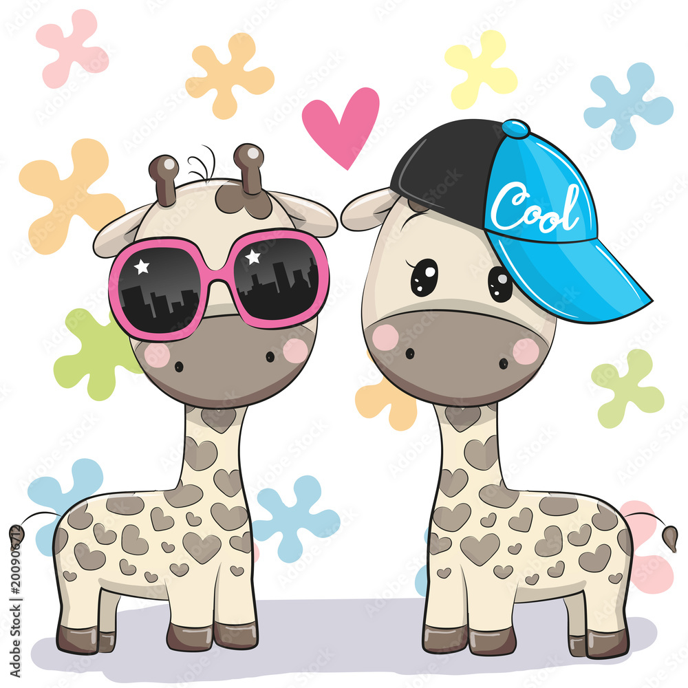 Naklejka premium Two Cute giraffes with glasses and cap