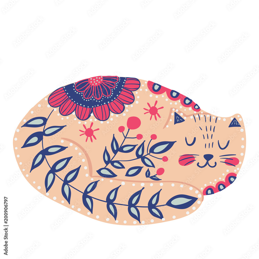 vector with beautiful cat in pattern and flowers, folk stule. poster for decoration your interior and for use in your unique design vector with beautiful cat in pattern and flowers, folk stule. poster for decoration your interior and for use in your unique design