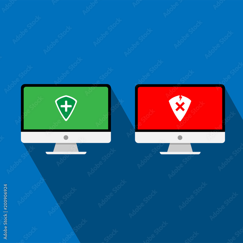 Security and unsecured on laptops in trendy flat style isolated on blue background. Vector illustration. Security and unsecured on laptops in trendy flat style isolated on blue background. Vector illustration.
