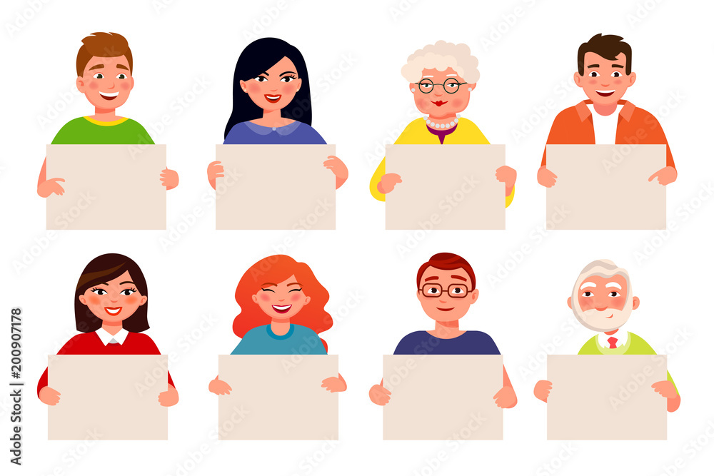 People with empty boards vector flat cartoon characters isolated on white background. People are holding empty placards for text information, banner design, pop up. Hitchhiking women and men concept. People with empty boards vector flat cartoon characters isolated on white background. People are holding empty placards for text information, banner design, pop up. Hitchhiking women and men concept.