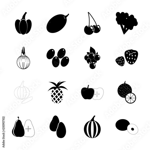 icon Fruits And Vegetables with mango tree, orange jelly, strawberrie, coco and robber crab