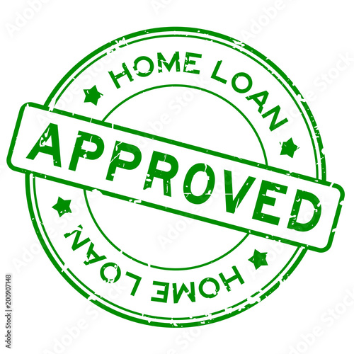 Grunge green home loan approved word round rubber seal stamp on white background