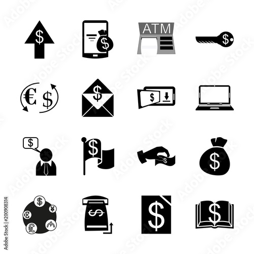icon Currency with electron payment, cash, book, bag and transfer money