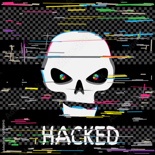 glitch hacker skull with text