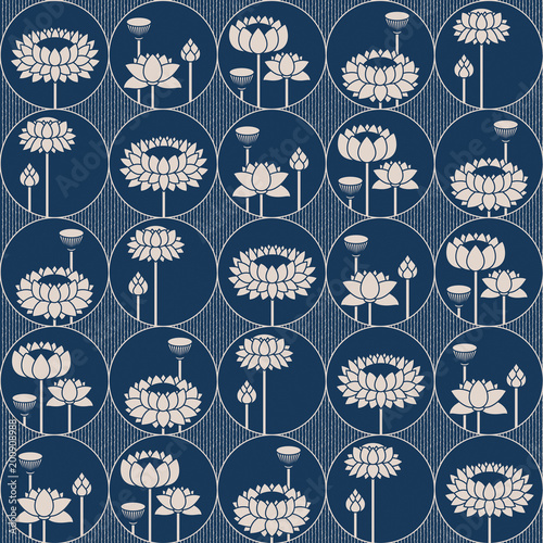 seamless vector blue japanese pattern with lotos flowers in circles. design for packaging, interior, textile