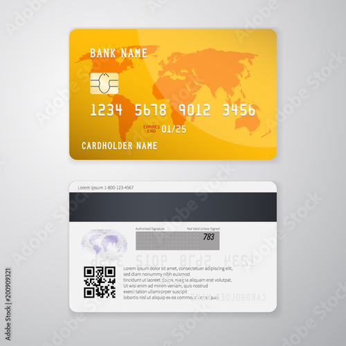 Realistic detailed credit card with the world map on yellow background. Vector illustration design