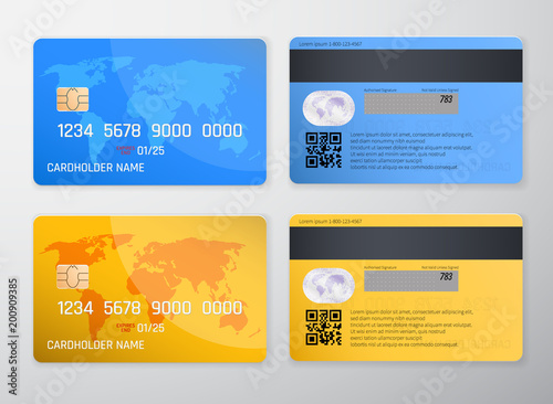 Realistic detailed credit card with the world map on yellow and blue background. Vector illustration design