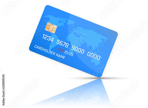 Realistic detailed credit card with the world map on blue background. Vector illustration design