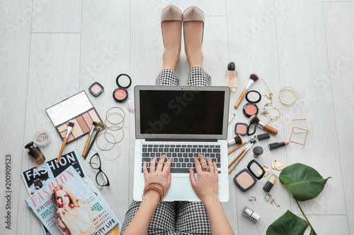 Woman using laptop at home