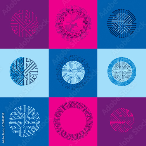 Set of vector abstract technology elements with round colorful circuit boards. High tech circular digital schemes of electronic device, multidirectional arrows.