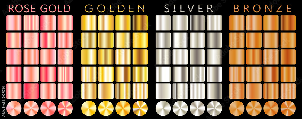 Rose gold, golden, silver, bronze gradient,pattern,template.Set of colors for design,collection of high quality gradients.Metallic texture,shiny background.Pure metal.