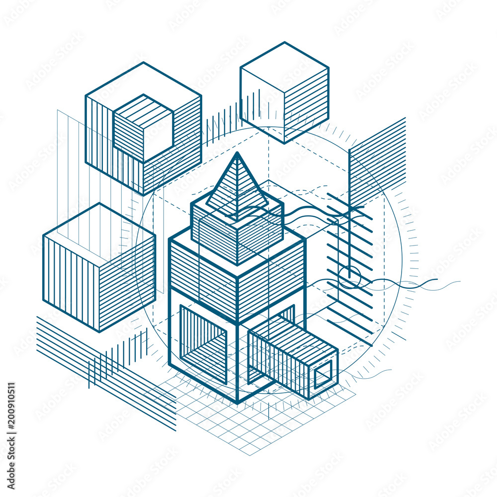 Vector background with abstract isometric lines and figures. Template made with cubes, hexagons, squares, rectangles and different abstract elements.