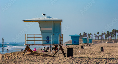 Lifeguard towers beach scene on Huntington beach in southern California