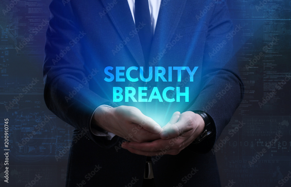 Business, Technology, Internet and network concept. Young businessman working on a virtual screen of the future and sees the inscription: Security breach Business, Technology, Internet and network concept. Young businessman working on a virtual screen of the future and sees the inscription: Security breach
