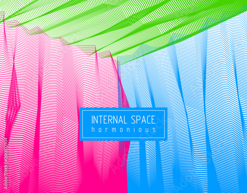 Abstract linear textured vector art background for design, psycho hypnotic futuristic 3d space inside the box or room. Fantastic psychedelic trendy modern op art, optical dimensional illusion.