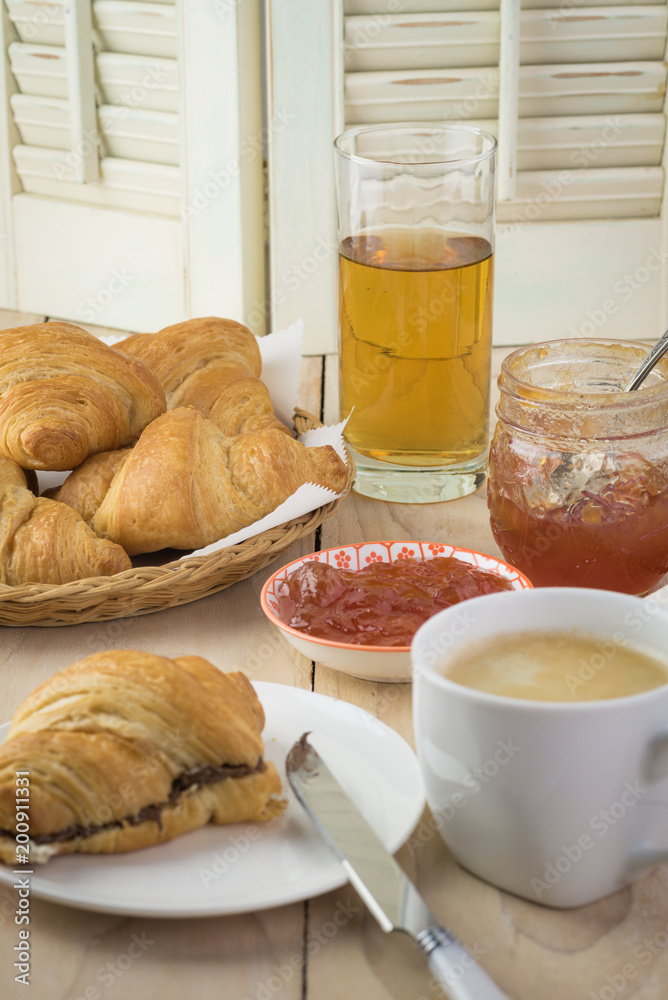 Breakfast with fresh baked croissants.