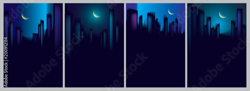 Night city skyscrapers silhouettes skyline vector illustrations set. Perfect minimal backgrounds with copy space for text.