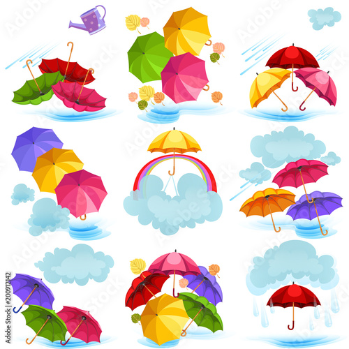 family resting in park or garden, dad grilling meat on grill, mum holding baby, girls play on green grass with kite and American flags, man and woman on picnic patriotic vector illustration