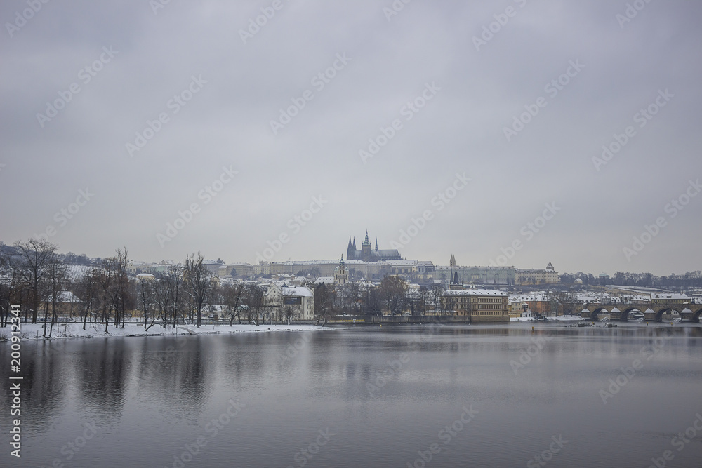 View of St Vitus Cathedral on gloomy day in Prague