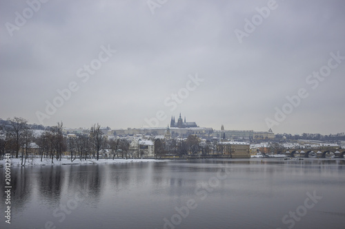 View of St Vitus Cathedral on gloomy day in Prague