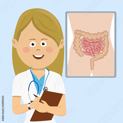 Female young doctor with clipboard standing next to gastrointestinal tract board