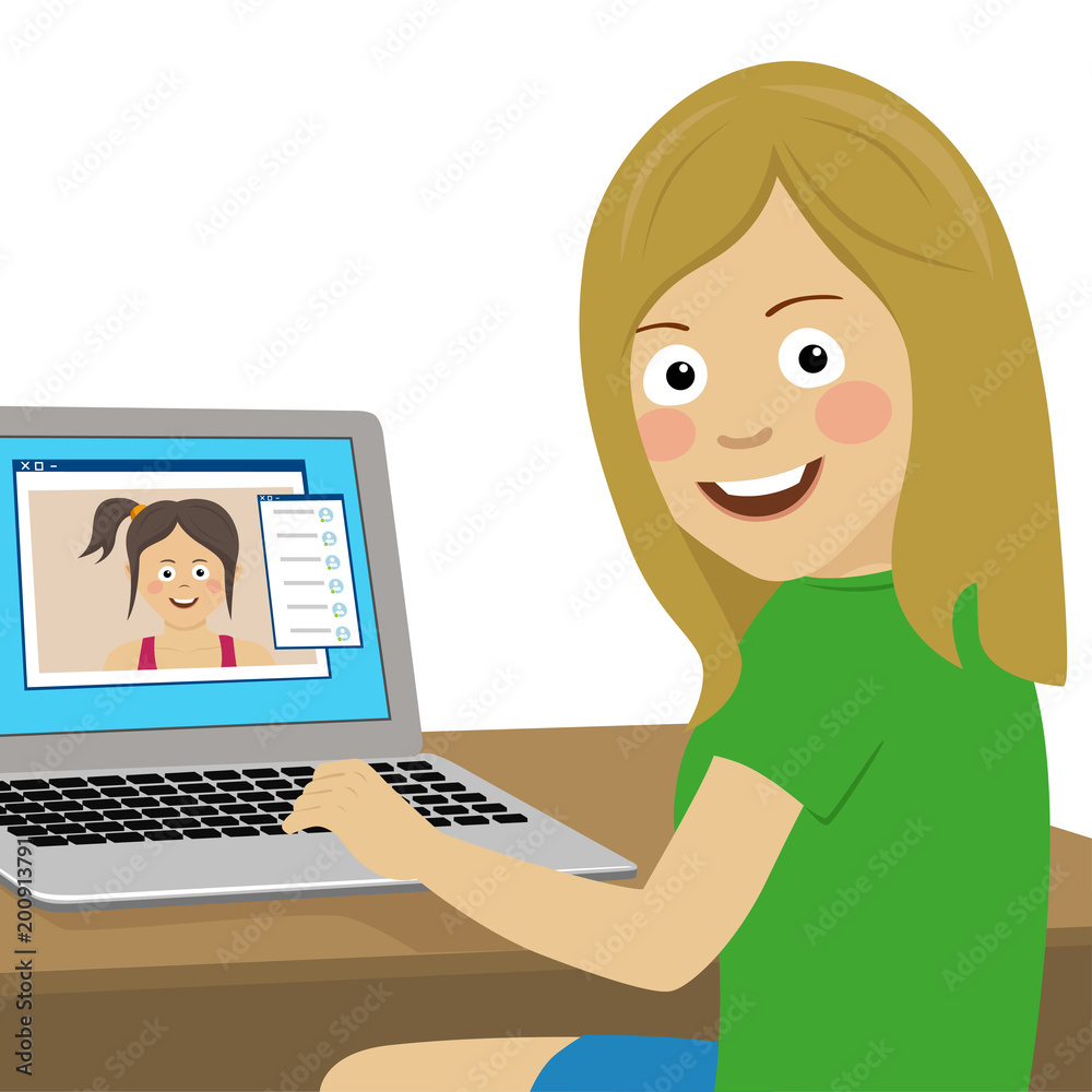 Cute teenager girl chatting with her girlfriend using laptop at office looking over shoulder Cute teenager girl chatting with her girlfriend using laptop at office looking over shoulder