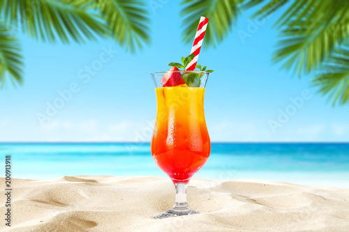 Summer drink on beach and free space for your decoration. 