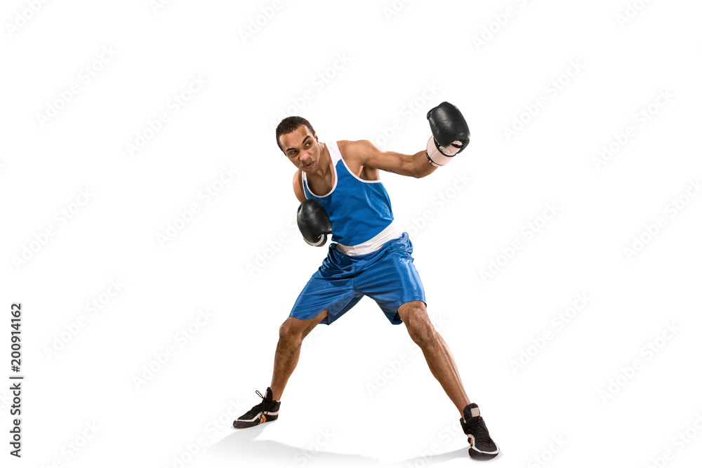 Sporty man during boxing exercise. Photo of boxer on white background Sporty man during boxing exercise. Photo of boxer on white background