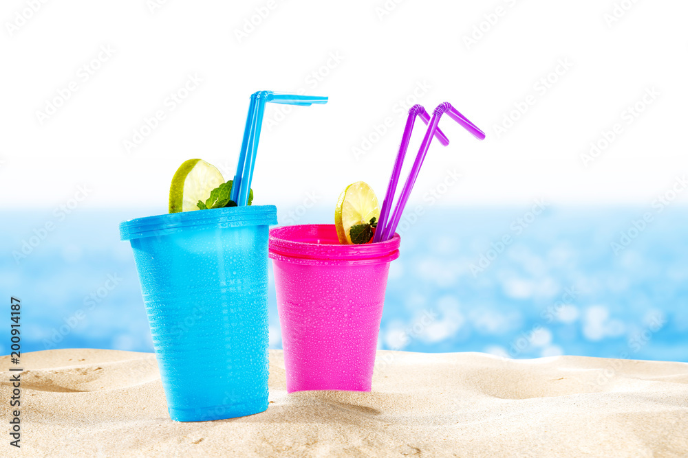 Summer drink on beach and free space for your decoration. Summer drink on beach and free space for your decoration.