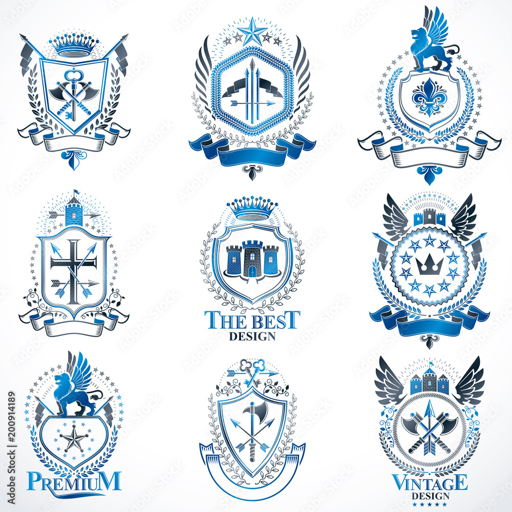 Fototapeta premium Vector classy heraldic Coat of Arms. Collection of blazons stylized in vintage design and created with graphic elements, royal crowns and flags, stars, towers, armory, religious crosses.