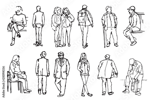 A collection of hand drawn people in linear style. Different characters and poses.