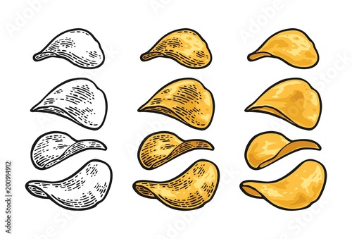 Potato chips. Vector engraving vintage