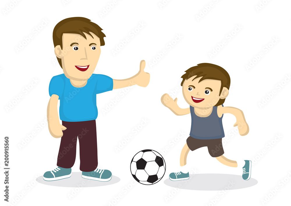 Father and son playing soccer together showing the strong bonding between them. Father and son playing soccer together showing the strong bonding between them.