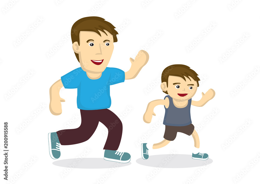 Father and son exercise together showing the bonding between them.