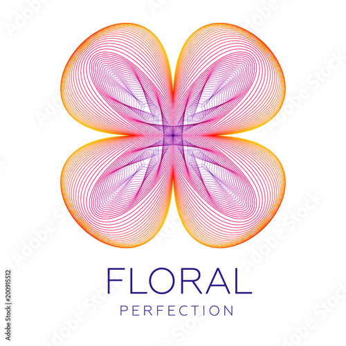 Fantastic flower icon logo, abstract shape with lots of blending lines, gradient colors. Vector illustration. Sample text - Floral perfection. 