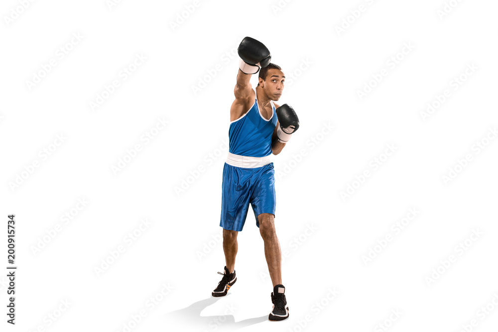 Sporty man during boxing exercise. Photo of boxer on white background Sporty man during boxing exercise. Photo of boxer on white background