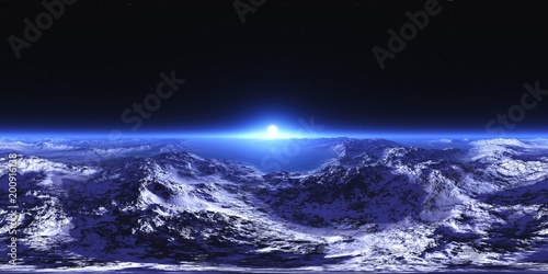 HDRI, Round panorama, spherical panorama, sunrise over the planet, sunrise over the icy moon, 3D rendering