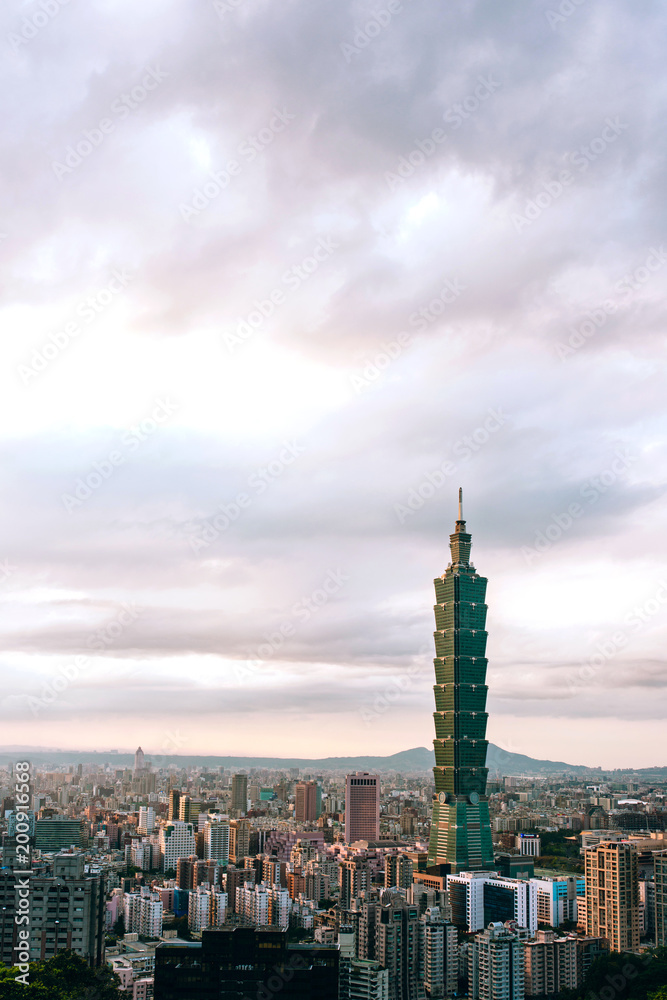 Taipei, Taiwan -  Feb 28, 2014: Aerial panorama over Downtown Taipei with Taipei 101 Skyscraper, capital city of Taiwan