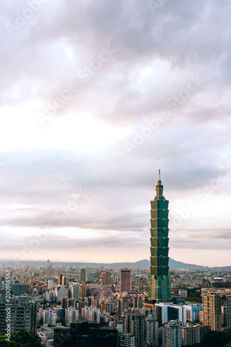 Taipei, Taiwan - Feb 28, 2014: Aerial panorama over Downtown Taipei with Taipei 101 Skyscraper, capital city of Taiwan