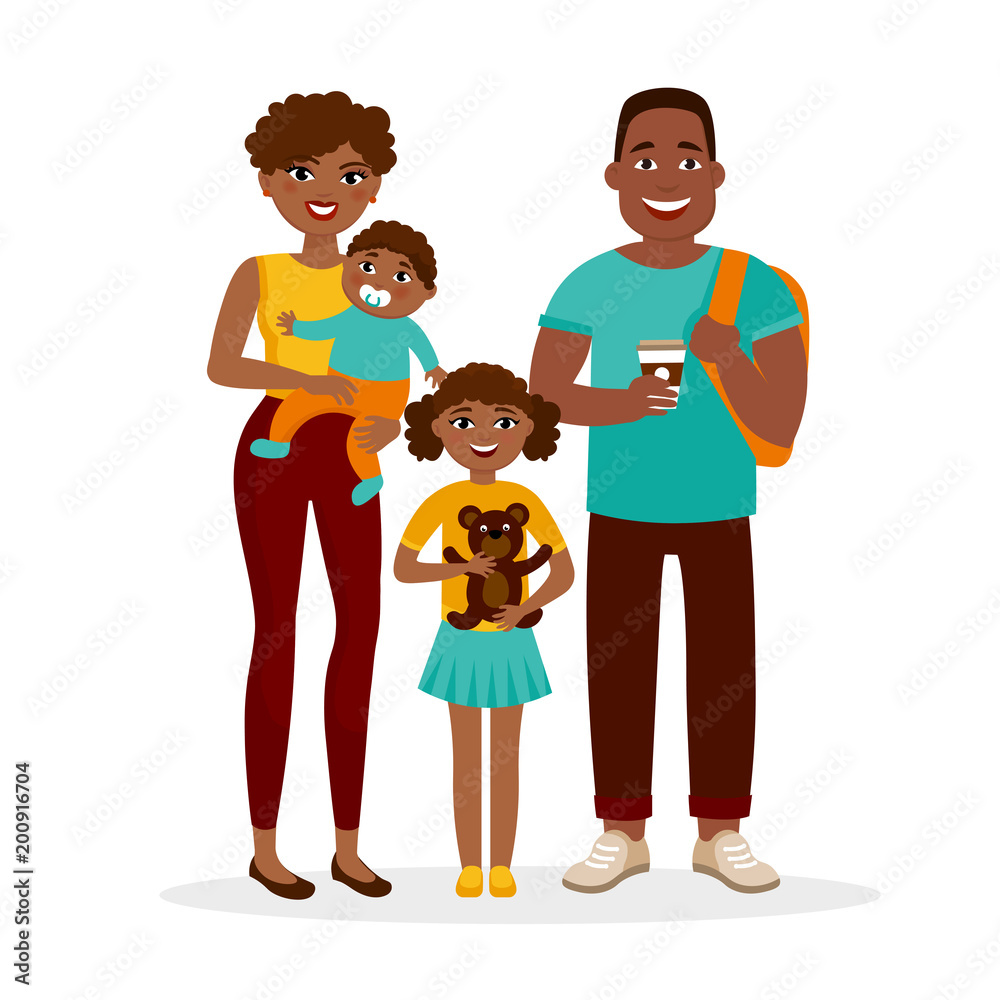 Young African American family standing together isolated on white background. Cheerful parents and children cartoon characters vector flat illustration. Mother, father, daughter and son. Young African American family standing together isolated on white background. Cheerful parents and children cartoon characters vector flat illustration. Mother, father, daughter and son.