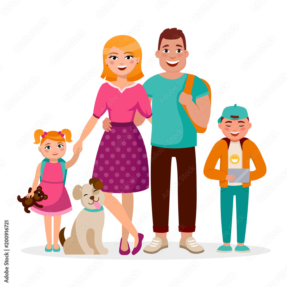 Caucasian family cartoon characters vector flat design isolated on white background. Happy parents and children together. Mother, father, son, daughter and cute dog.