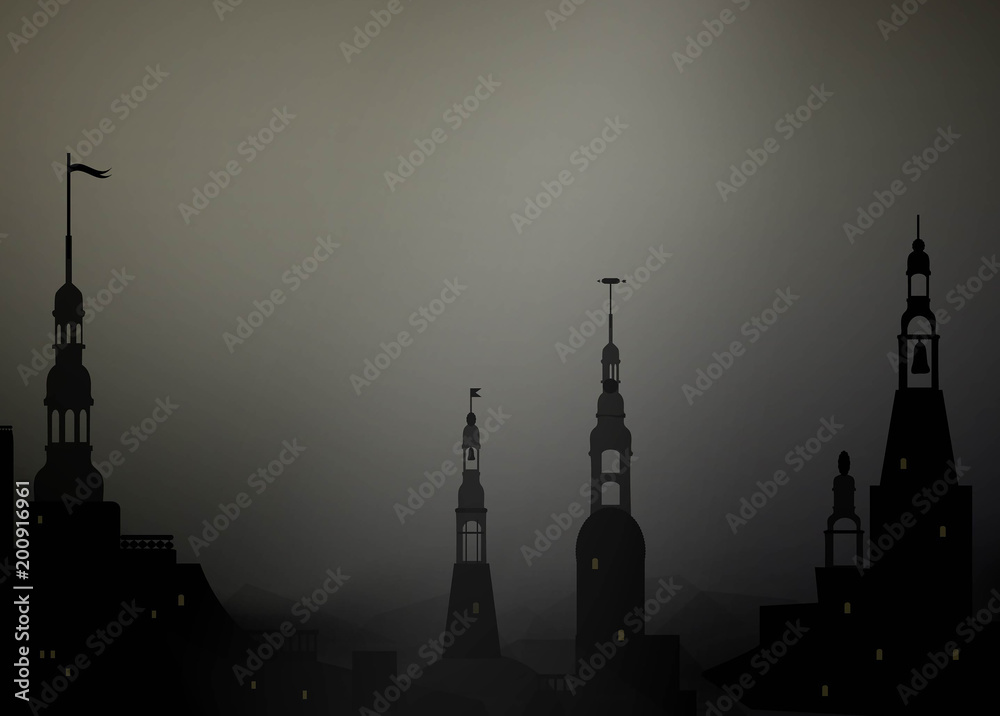 Dark medieval city background with towers,