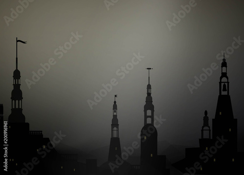 Dark medieval city background with towers 
