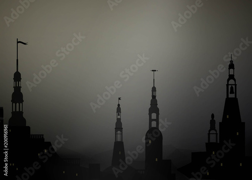 Dark medieval city background with towers,