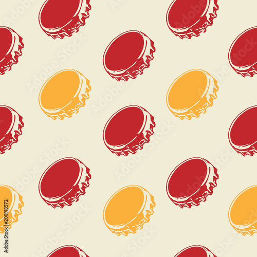 Seamless yellow and red bottle caps pattern on pale background