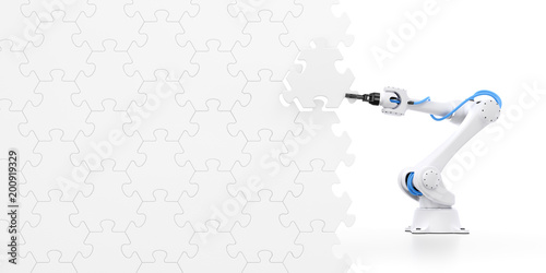 Action Show Of Robotic Manipulator. Mechanical arm of an industrial robot assembling wall from pieces of jigsaw puzzle. 3d rendering graphic composition on the subject of 'Industrial Robotics'.