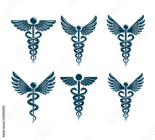 Set of vector Caduceus symbols created using bird wings and snakes. Medical treatment and rehabilitation theme illustrations.