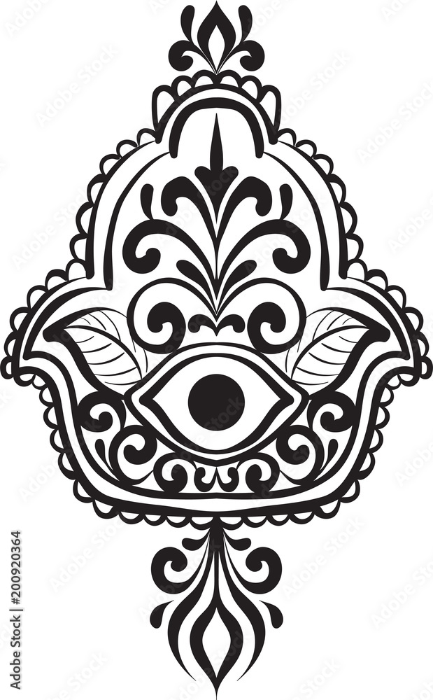 Drawing of a line art Hand of Fatima Hamsa with round ethnic black and white pattern on a white background. Hand drawn tribal vector stock illustration