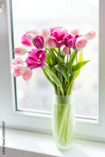 A bouquet of tulips in a vase. Soft selective focus